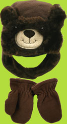 Betty Ann Fleece Bear Childrens Hat w/Fur Trim and Mitten Set